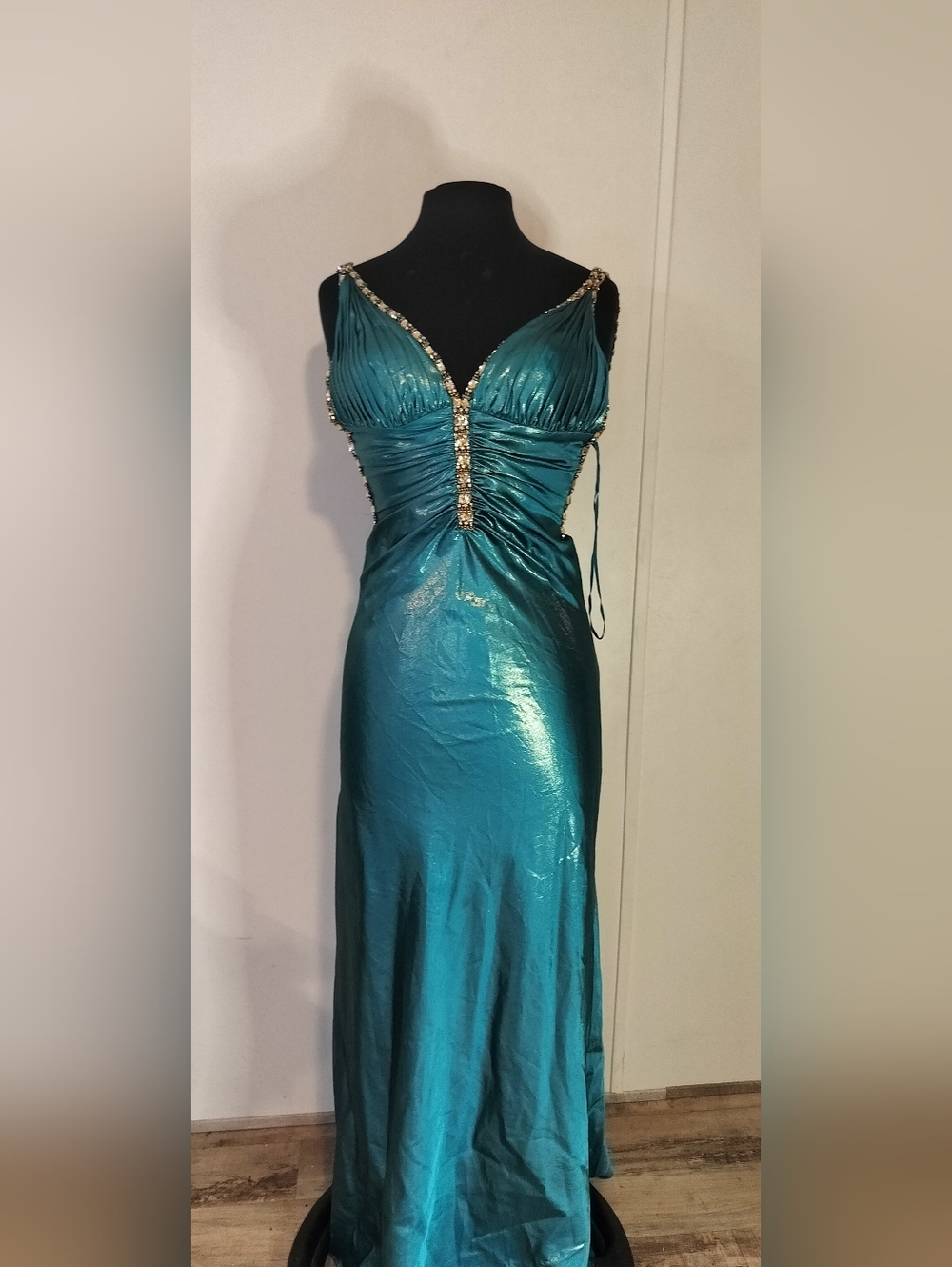 La Femme Teal Evening Gown with Jeweled Straps